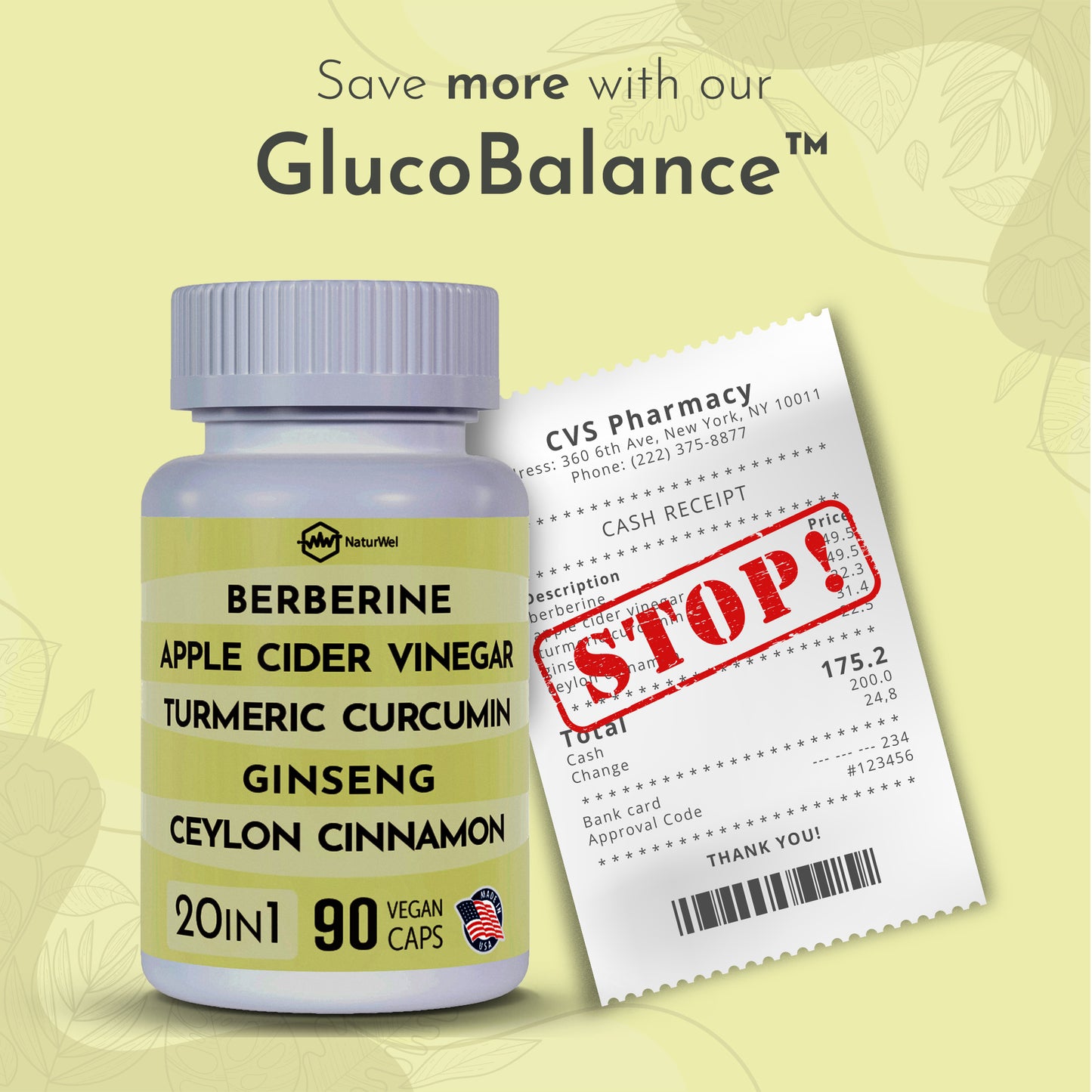 GlucoBalance - 20 in 1 Blend with Ceylon Cinnamon, Ginseng, Berberine, Turmeric, Apple Cider Vinegar - 90 Capsules