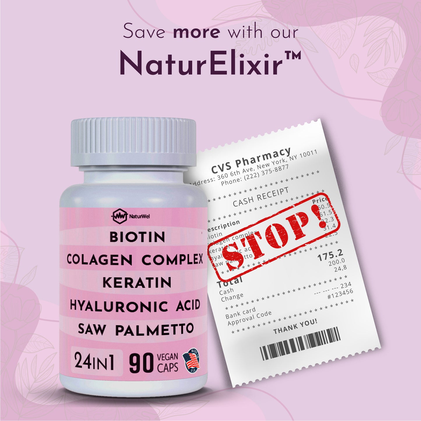 NaturElixir - 24 in 1 Blend with Collagen,Rhodiola Rosea, Biotin, Hyaluronic Acid, DHT Blocker