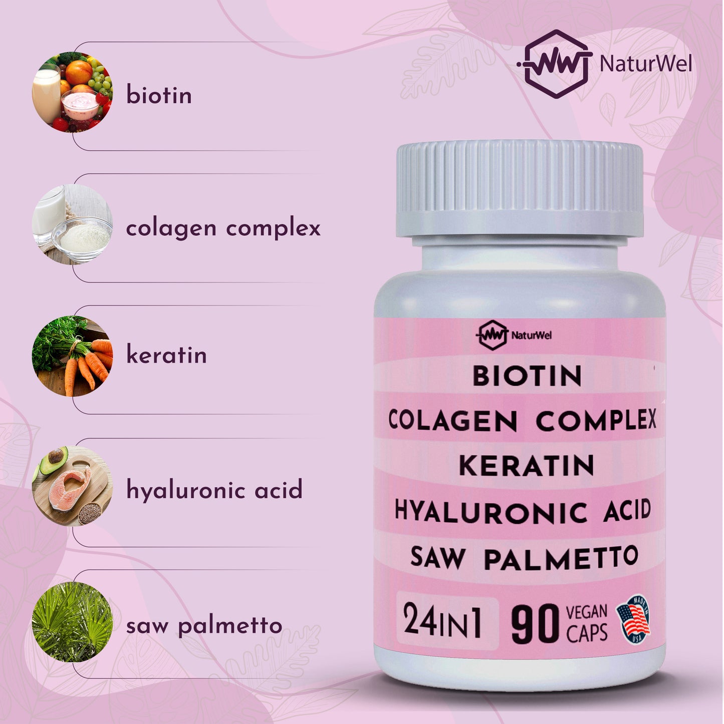 NaturElixir - 24 in 1 Blend with Collagen,Rhodiola Rosea, Biotin, Hyaluronic Acid, DHT Blocker