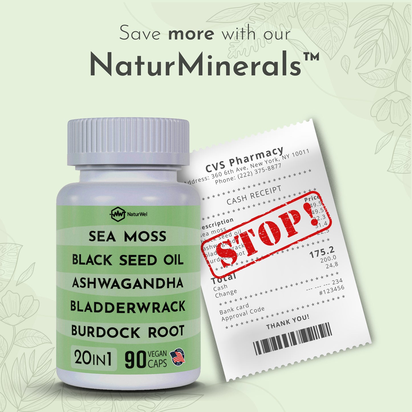 NaturMinerals - 20 in 1 Blend with Sea Moss, Black Seed Oil, Ashwagandha, Bladderwrack & Burdock Root