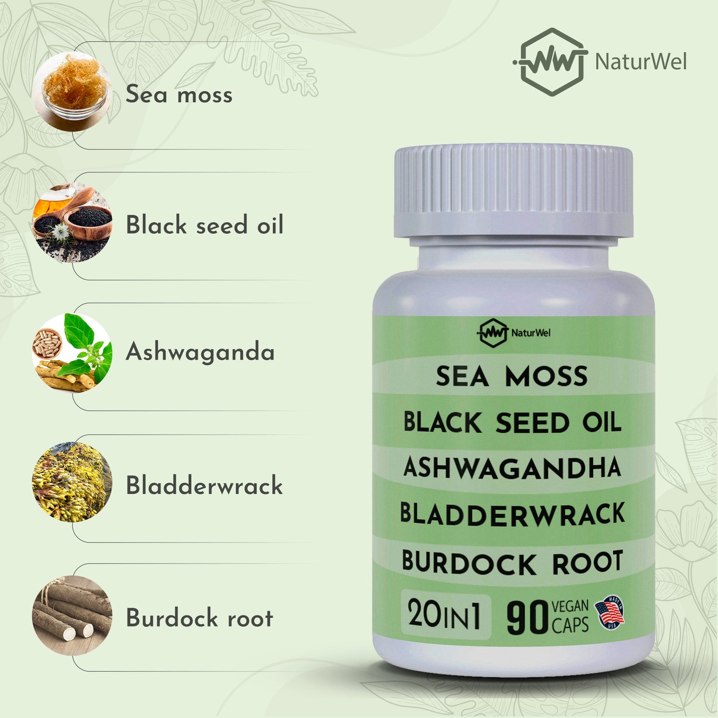 NaturMinerals - 20 in 1 Blend with Sea Moss, Black Seed Oil, Ashwagandha, Bladderwrack & Burdock Root